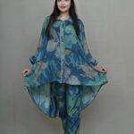 Teal Blue Abstract Floral Print Asymmetrical Coord set