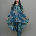 Teal Blue Abstract Floral Print Asymmetrical Coord set