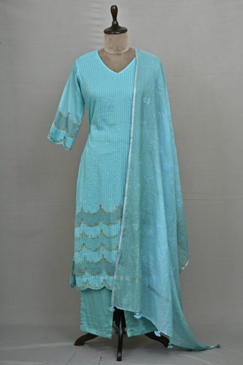 Pastel Turquoise FLORAL Pure Chanderi Silk suit set