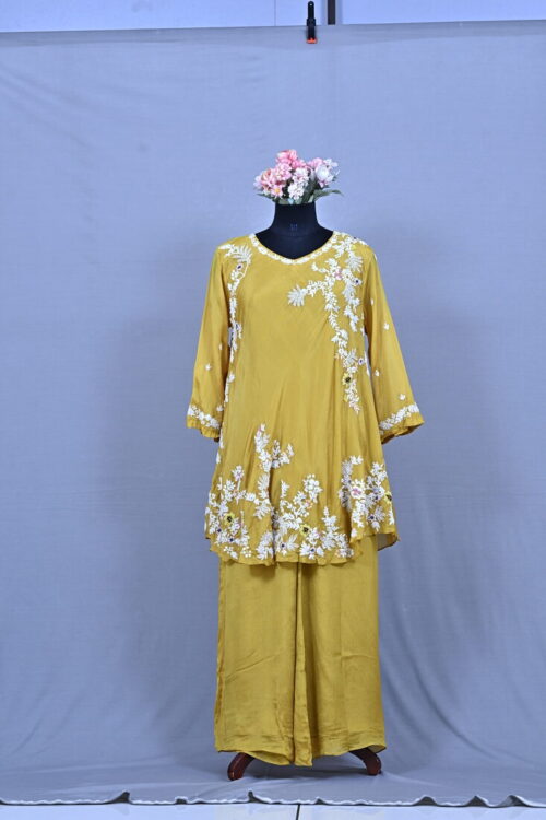 Yellow thread embroidered  festive coord set