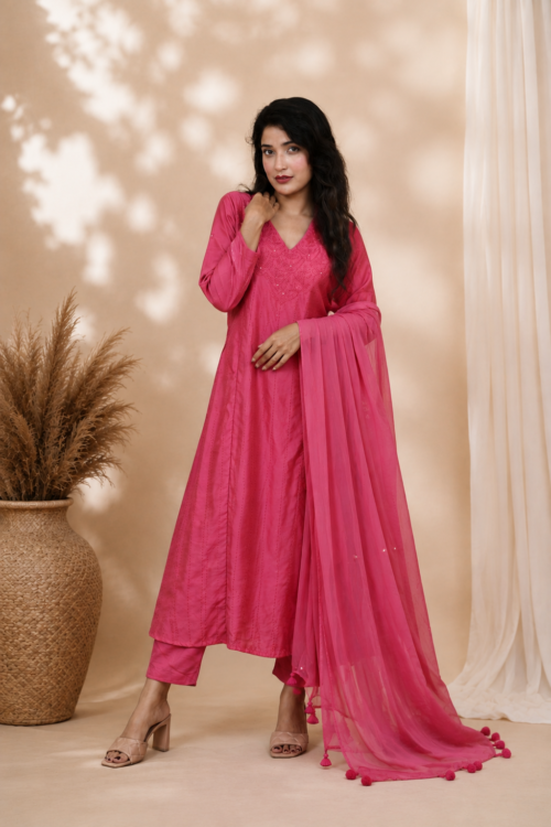 PINK Knot work  Pure Chanderi Silk suit set