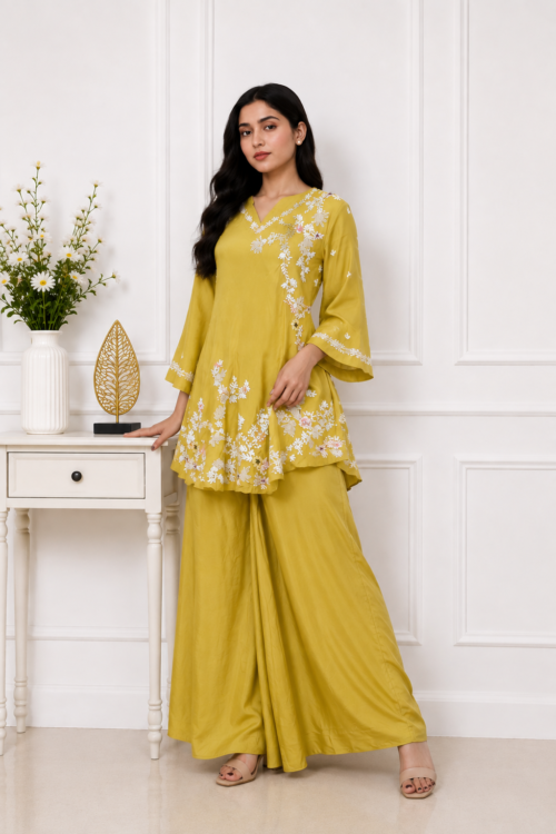 Yellow thread embroidered  festive coord set