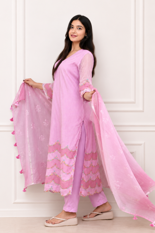 Soft Lilac PINK FLORAL Pure Chanderi Silk suit set