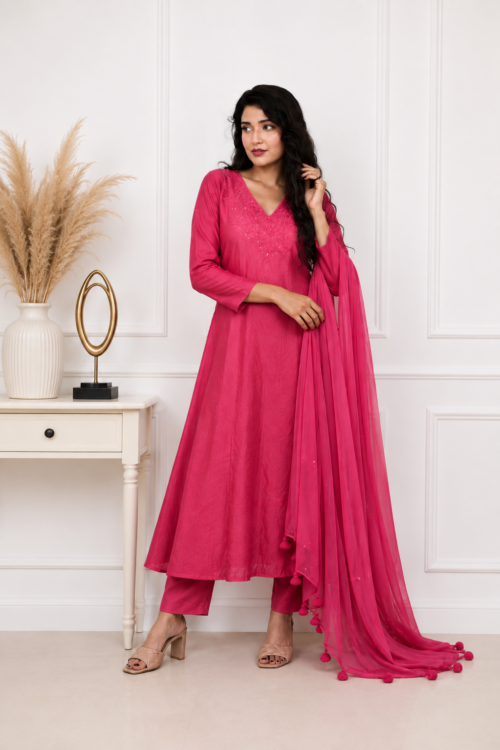 PINK Knot work  Pure Chanderi Silk suit set