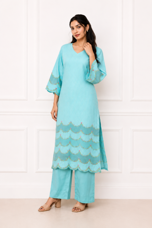 Pastel Turquoise FLORAL Pure Chanderi Silk suit set